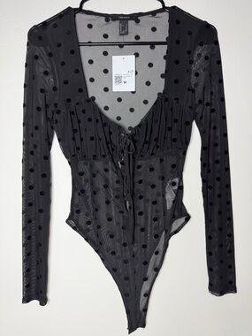 Forever 21 Bodysuit Black Sheer Polka Dot M Long Sleeve NWT see through Nightout
